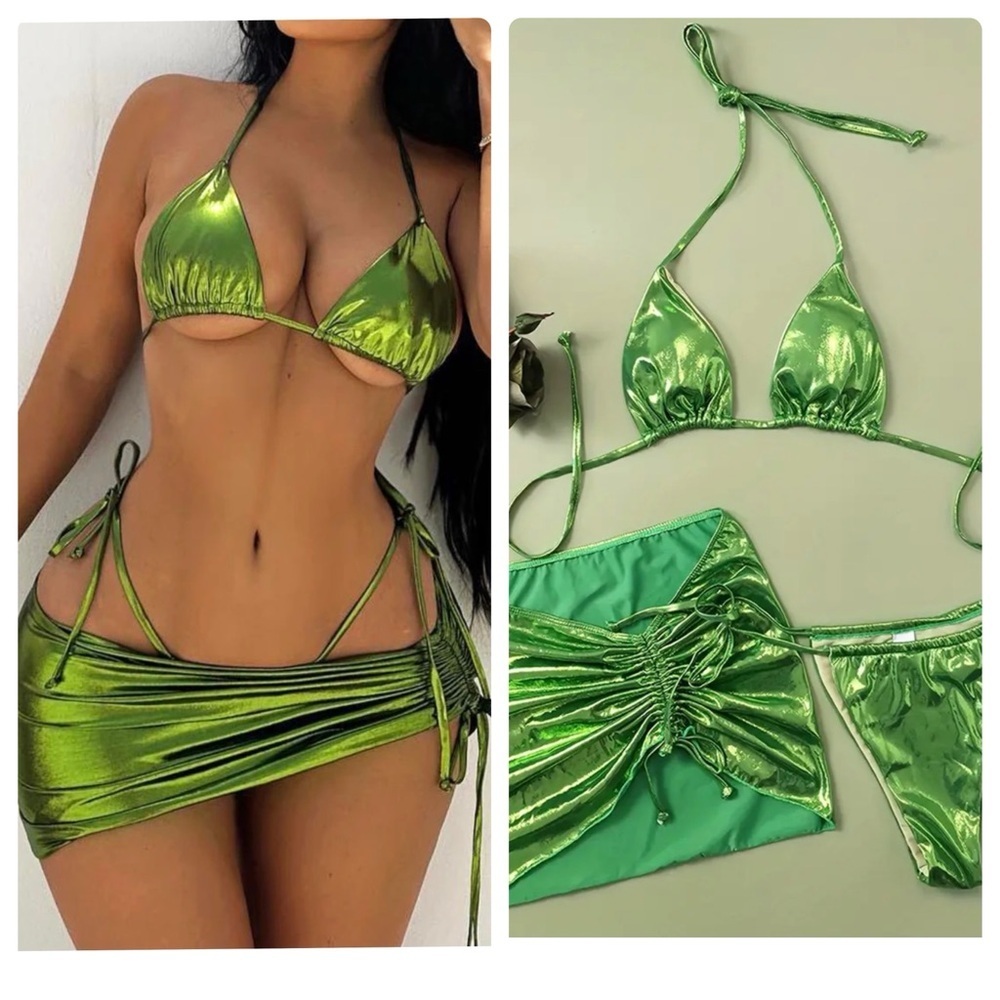 3pc Green Metallic Halter High Cut Brazilian Bikini Set & Skirt Cover Up - Picture 1 of 12